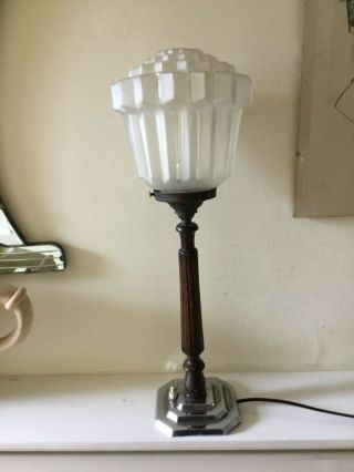 Art Deco Chrome &oak Table Lamp & Frosted Glass Shade