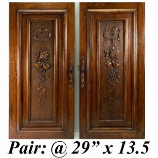 Antique Hc French Walnut Cabinet Door Pair (2),  Fruit Carved,  @ 29 " X 13.  5 "