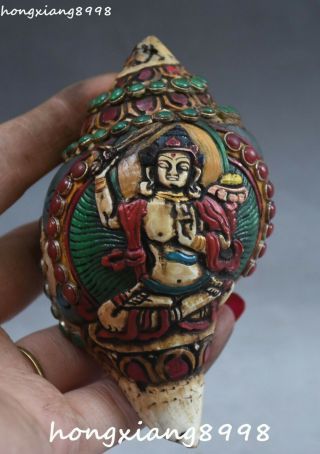 Old Tibet Conch Horn Colour Painting Wenshu Manjushri Buddha Sword Shell Statue