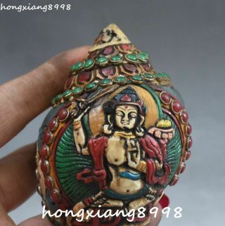 Old Tibet Conch Horn Colour Painting Wenshu Manjushri Buddha Sword Shell Statue 2