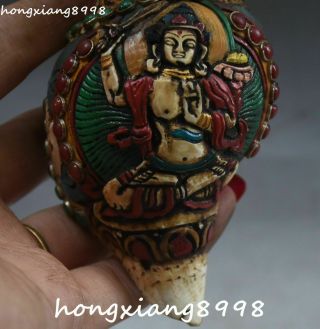 Old Tibet Conch Horn Colour Painting Wenshu Manjushri Buddha Sword Shell Statue 3
