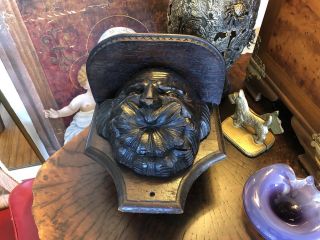 Antique Arts & Crafts 8 - lb Carved Oak WALL SHELF North Wind Green Man’s Face 11