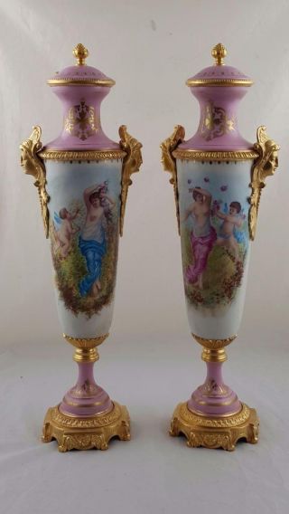 Pr Hand Painted Pink Porcelain Vases Ormolu Mounts