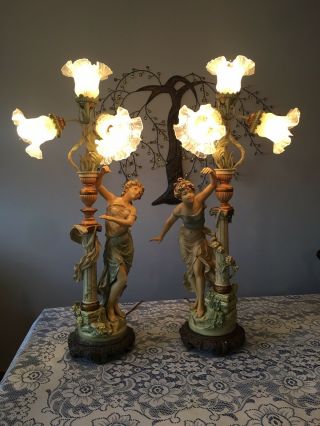 Antique Pair Art Nouveau Spelter Lamps,  L&f Moreau,  Signed