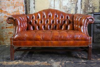Vintage Tufted Button Chesterfield Sofa Loveseat Cigar Leather Brown Furniture 2