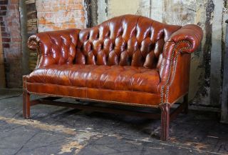 Vintage Tufted Button Chesterfield Sofa Loveseat Cigar Leather Brown Furniture 3