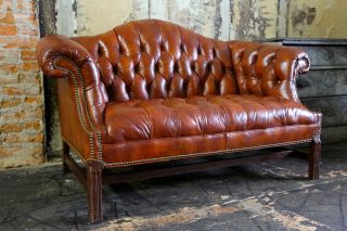 Vintage Tufted Button Chesterfield Sofa Loveseat Cigar Leather Brown Furniture 4