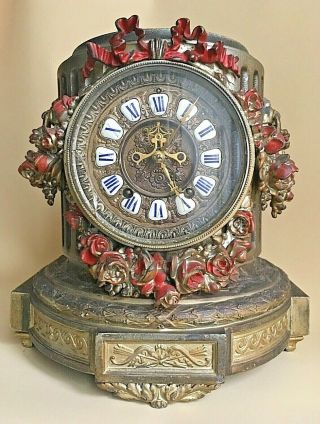 Large Antique Vic 19thc Ansonia Clock Spelter Mantle Column Fluted Roses Bow