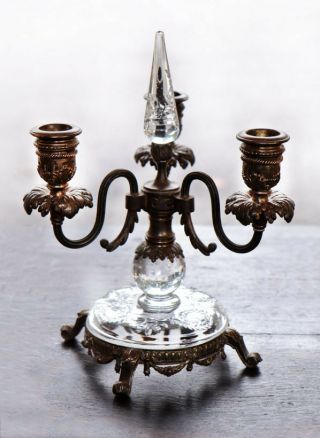 Early 20th C.  Pairpoint Bronze Candelabra With Engraved Glass Elements [11751]