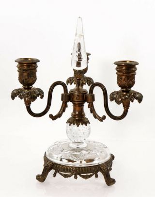 Early 20th c.  Pairpoint bronze candelabra with engraved glass elements [11751] 2