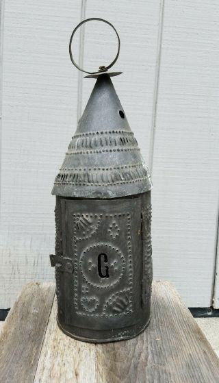 Early Antique Punched Pierced Tin Barn Candle Lantern Primitive