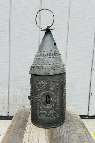 Early Antique Punched Pierced Tin Barn Candle Lantern Primitive 2