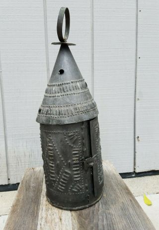 Early Antique Punched Pierced Tin Barn Candle Lantern Primitive 3