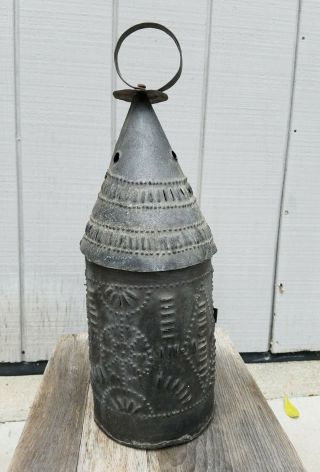 Early Antique Punched Pierced Tin Barn Candle Lantern Primitive 4