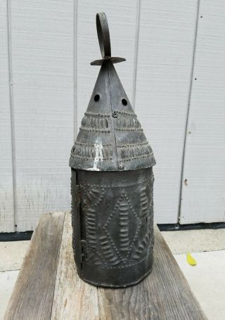 Early Antique Punched Pierced Tin Barn Candle Lantern Primitive 5