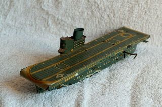 Vintage Wind - Up Tin Toy Military Aircraft Carrier Boat Memo France 1940 - 1950