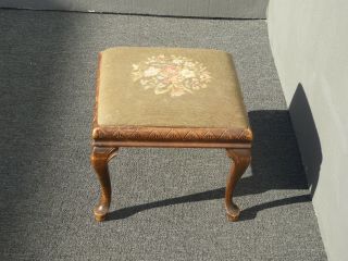 Vintage French Country Bench Ottoman w Sage Green Needlepoint Fabric 2