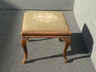 Vintage French Country Bench Ottoman w Sage Green Needlepoint Fabric 3