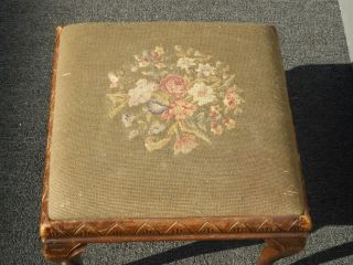 Vintage French Country Bench Ottoman w Sage Green Needlepoint Fabric 4