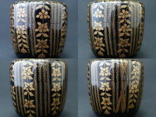 Japan Lacquer Wooden Tea caddy GORGEOUS PEARL BUSH design in makie O - Natsume 611 6