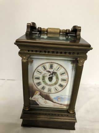 Vintage French Carriage Clock Brass & Porcelain Female Nude Panels Hand Painted