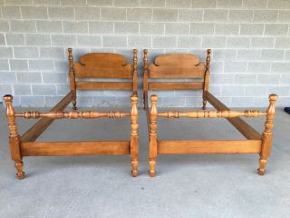 Vintage Solid Maple Cannonball Style Twin Poster Beds - A Pair