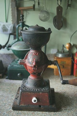 Antique Iron Enterprise Mfg.  No 1 Red Painted Coffee Grinder Iron Drawer