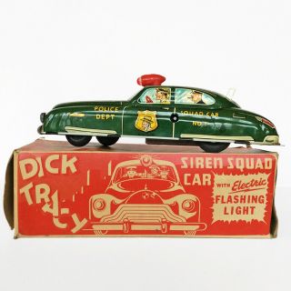 Vintage Dick Tracy Siren Police Squad Car Tin Litho Wind Up Marx ‘49 Box Usa