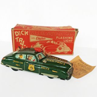 Vintage Dick Tracy Siren Police Squad Car Tin Litho Wind Up Marx ‘49 Box USA 2