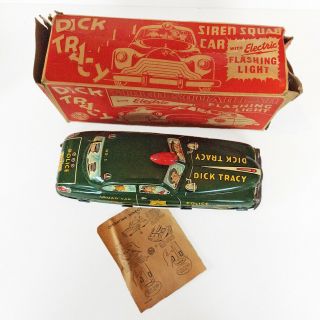 Vintage Dick Tracy Siren Police Squad Car Tin Litho Wind Up Marx ‘49 Box USA 5
