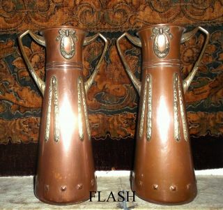Jugendstil by Kayserzinn Art Nouveau Rare Pair Copper & Brass Vases by KAYSER 8
