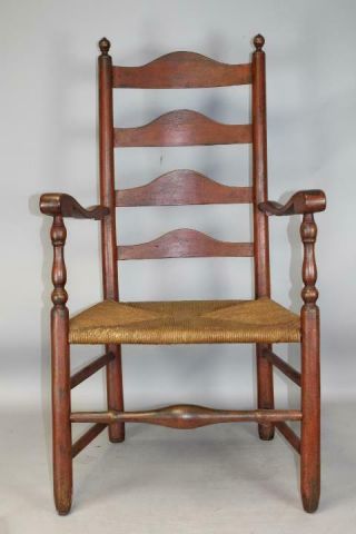 A Bold 18th C Pa Four Slat Ladderback Armchair In The Best Bittersweet Red Paint