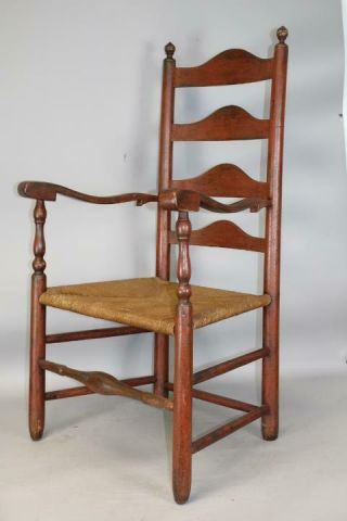 A BOLD 18TH C PA FOUR SLAT LADDERBACK ARMCHAIR IN THE BEST BITTERSWEET RED PAINT 3