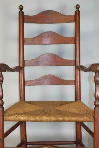 A BOLD 18TH C PA FOUR SLAT LADDERBACK ARMCHAIR IN THE BEST BITTERSWEET RED PAINT 9