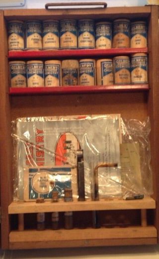 Vintage 1900 ' s GILBERT CHEMISTRY OUTFIT Box w/ chemicals,  vials,  etc 10