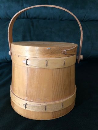 Vintage Wooden Firkin Sugar Bucket With Swing Handle And Lid.  6 1/4” Tall