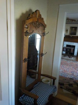 Antique Hall Tree With Bench Storage,  4 Hooks,  Beveled Mirror