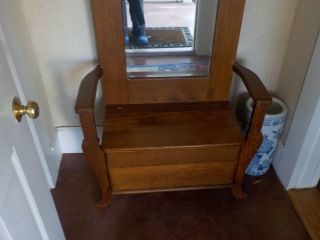 Antique Hall Tree with Bench Storage,  4 Hooks,  Beveled Mirror 7