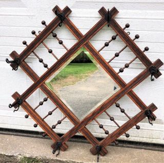 Antique Victorian Stick & Ball Oak Hall Mirror & Coat Hat Rack Beveled Mirror