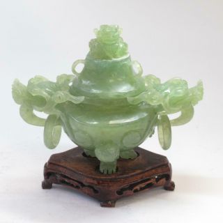 Antique Chinese Dragon Hand Carved Green Jade Stone Incense Burner Jar W/ Stand