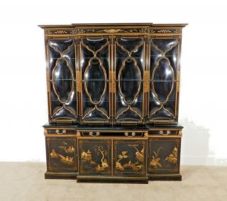 KARGES Black Chinoiserie Hand Decorated 2 Piece Glass Breakfront China Cabinet 11
