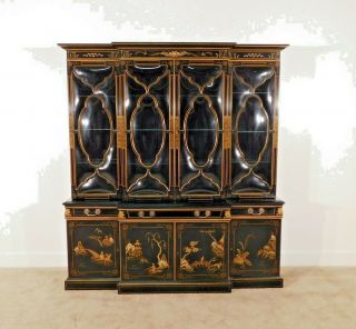 Karges Black Chinoiserie Hand Decorated 2 Piece Glass Breakfront China Cabinet