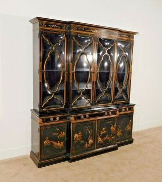 KARGES Black Chinoiserie Hand Decorated 2 Piece Glass Breakfront China Cabinet 2