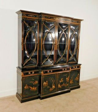 KARGES Black Chinoiserie Hand Decorated 2 Piece Glass Breakfront China Cabinet 3
