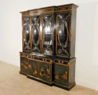 KARGES Black Chinoiserie Hand Decorated 2 Piece Glass Breakfront China Cabinet 4