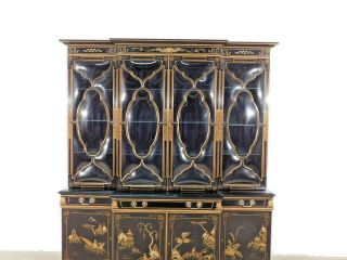 KARGES Black Chinoiserie Hand Decorated 2 Piece Glass Breakfront China Cabinet 7
