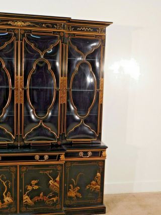 KARGES Black Chinoiserie Hand Decorated 2 Piece Glass Breakfront China Cabinet 8