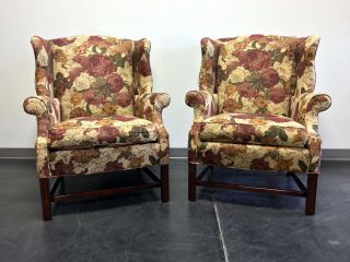 Straight Leg Chippendale Style Wing Back Chairs - Pair