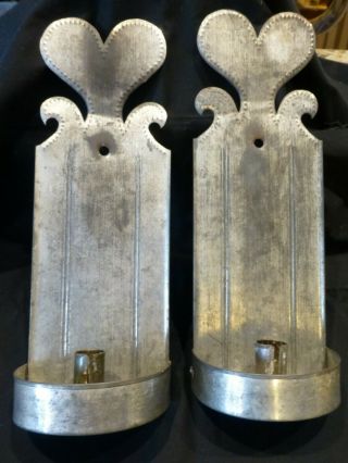 Pair Tin Candle Sconces - Heart Top By Vt Master Tinsmith David Claggett - 14 "