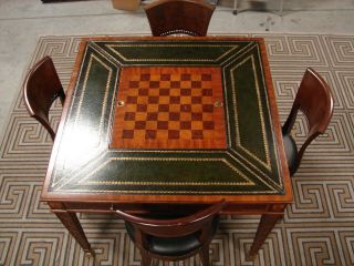 Maitland Smith marquetry inlaid game table,  Mantovani Raffaello & Franco Chairs 2
